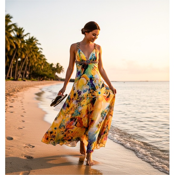 Unbranded Dresses & Skirts - Vibrant multicolor Beaded floral gown V-neck empire waist, size XS